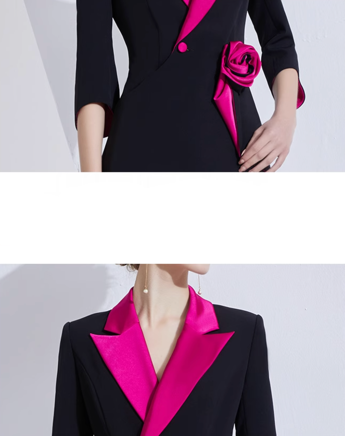 contrast-lapel blazer set with satin rose detail – VERENA