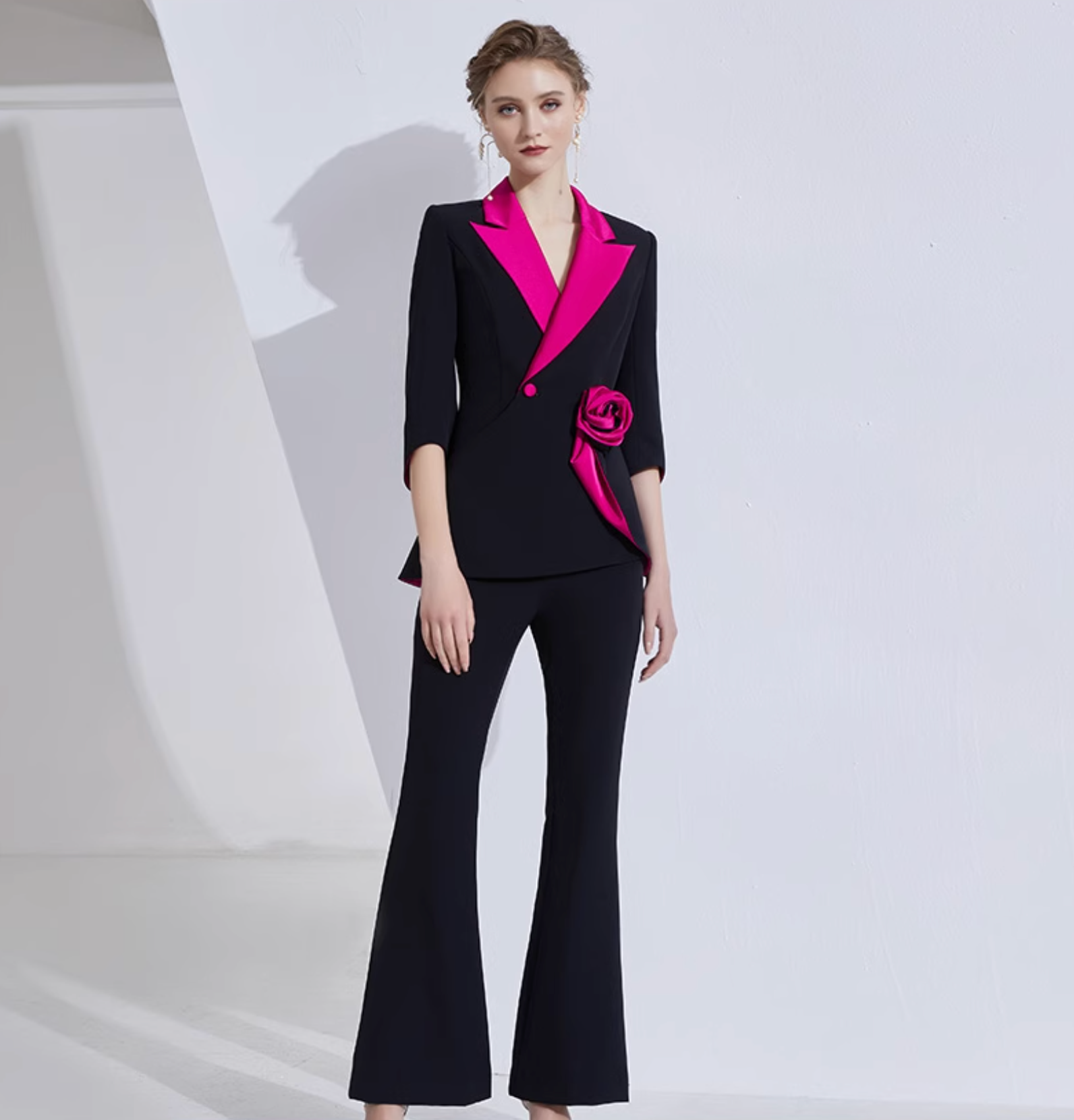 contrast-lapel blazer set with satin rose detail – VERENA