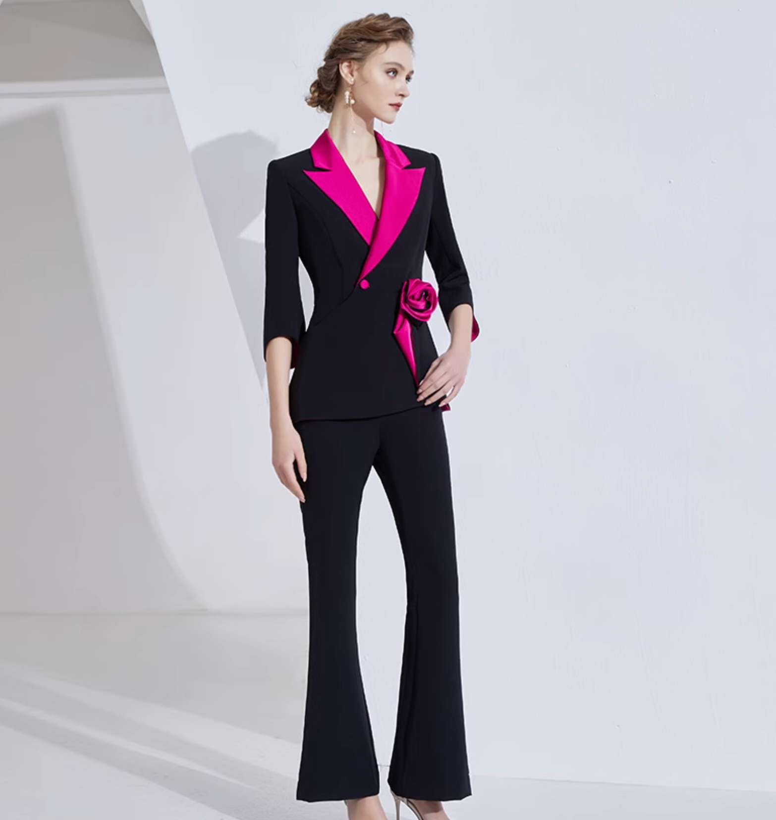 contrast-lapel blazer set with satin rose detail – VERENA