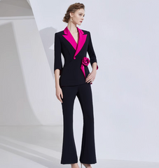 contrast-lapel blazer set with satin rose detail – VERENA