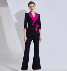 contrast-lapel blazer set with satin rose detail – VERENA