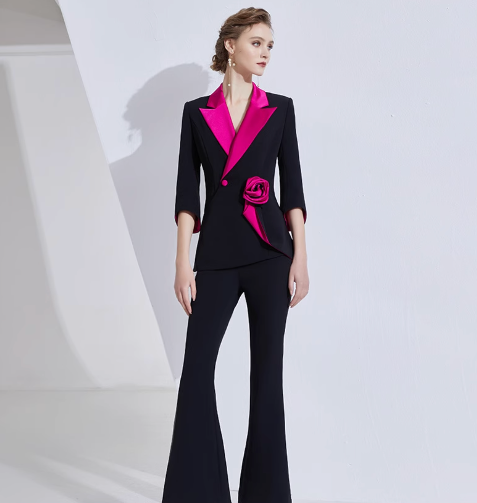 contrast-lapel blazer set with satin rose detail – VERENA
