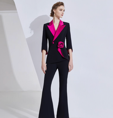 contrast-lapel blazer set with satin rose detail – VERENA