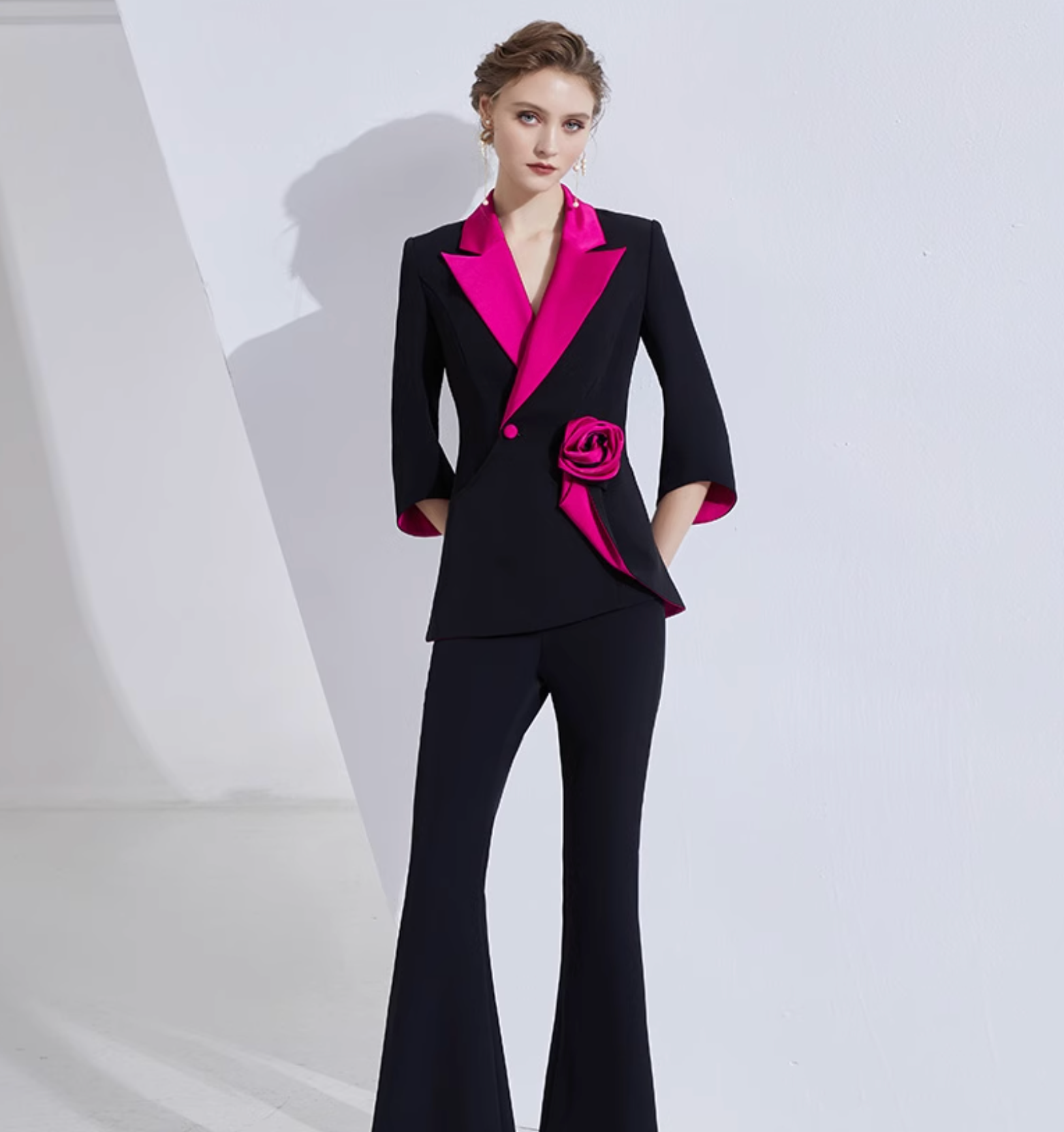 contrast-lapel blazer set with satin rose detail – VERENA