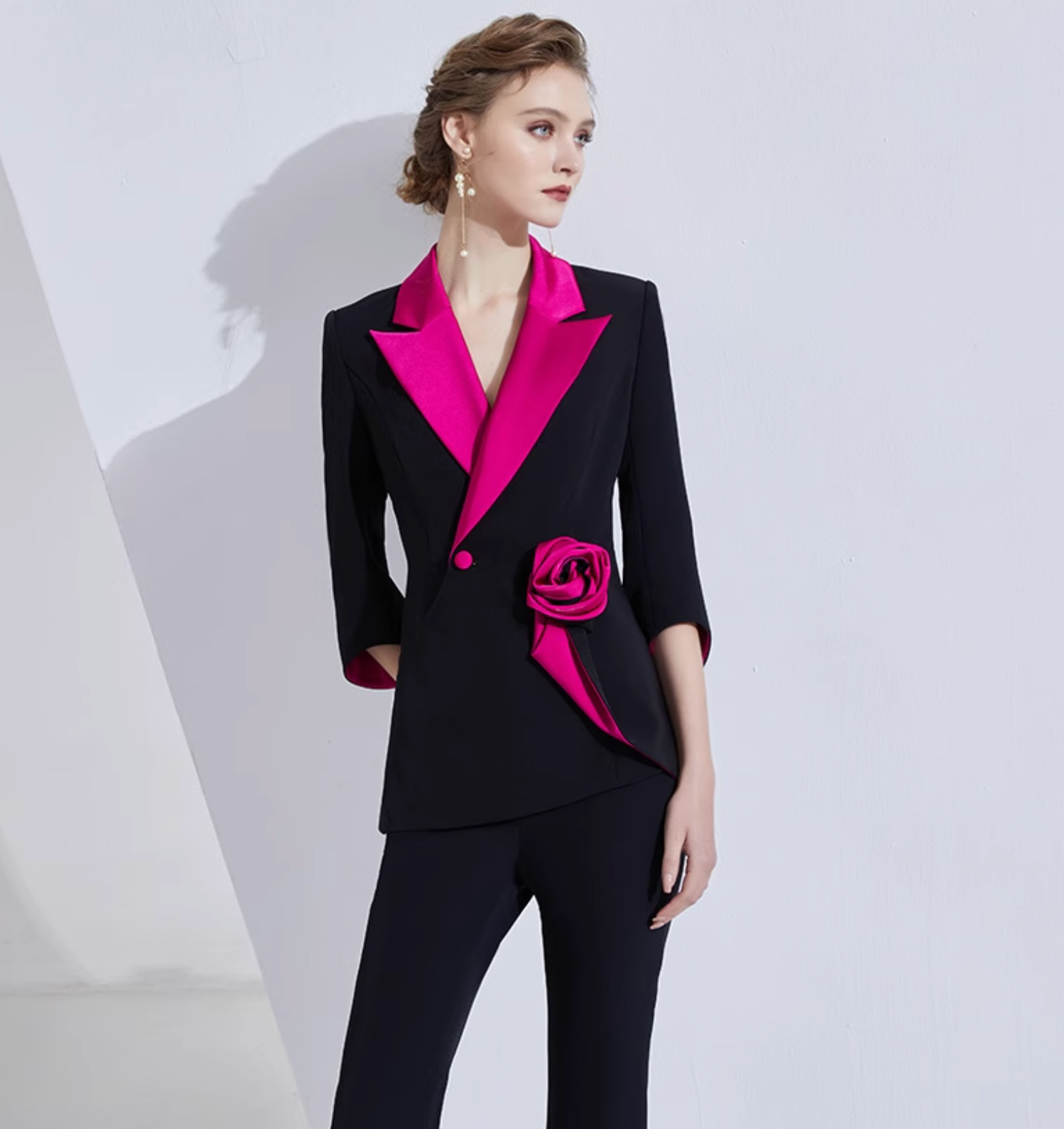 contrast-lapel blazer set with satin rose detail – VERENA