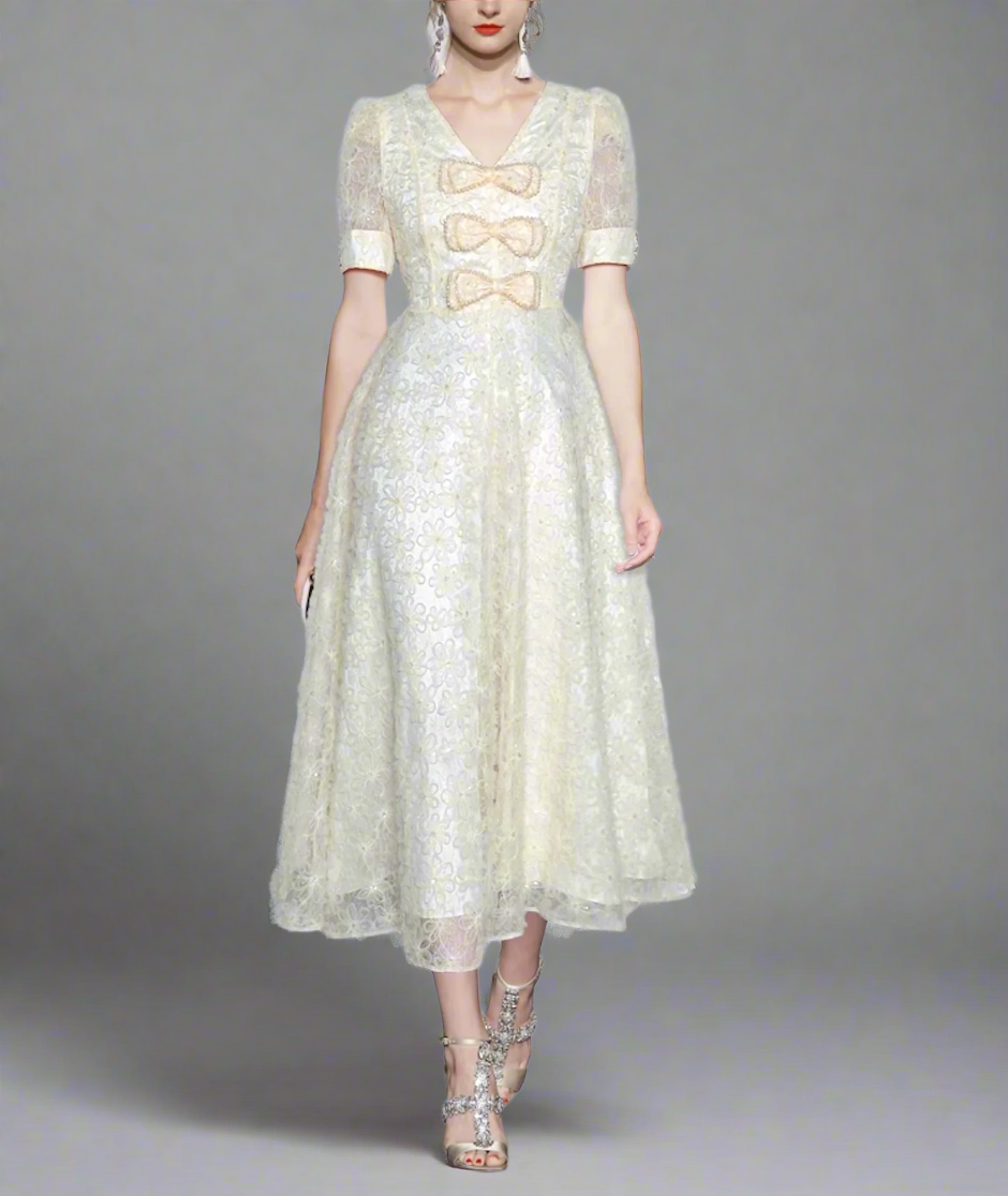 puff-sleeve column dress with crystal neckline – CELESTE