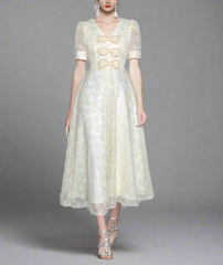 puff-sleeve column dress with crystal neckline – CELESTE