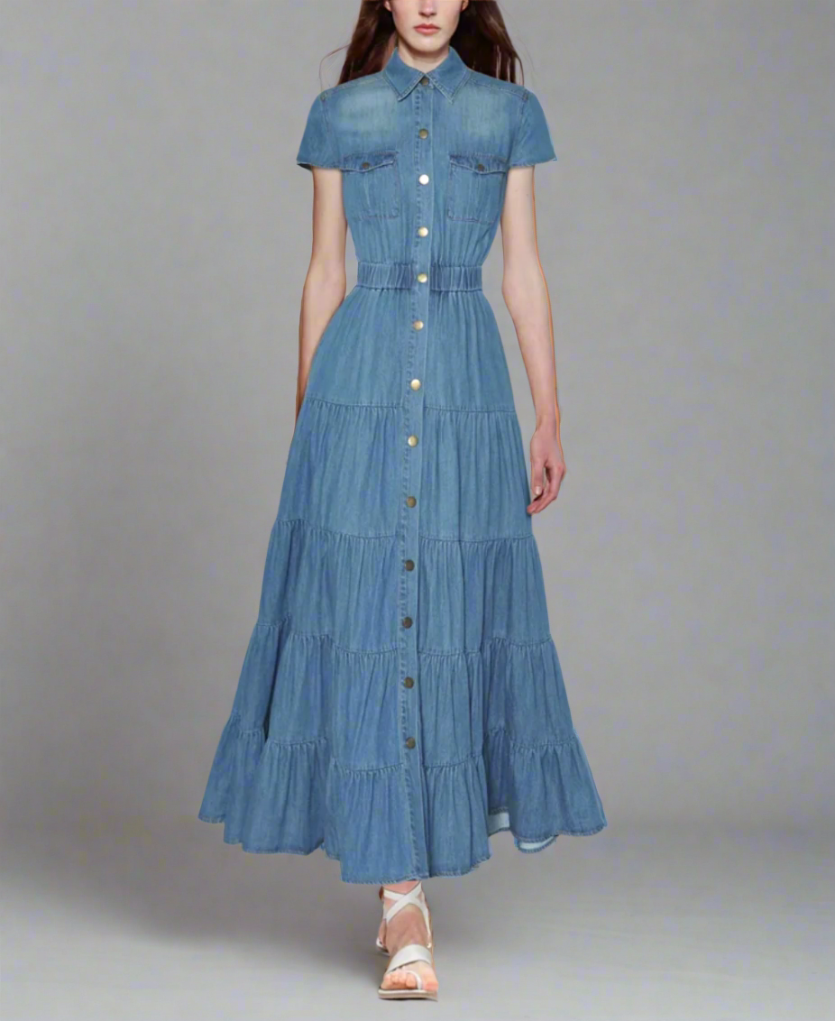 short-sleeve tiered denim shirt dress with button front – RIAYA