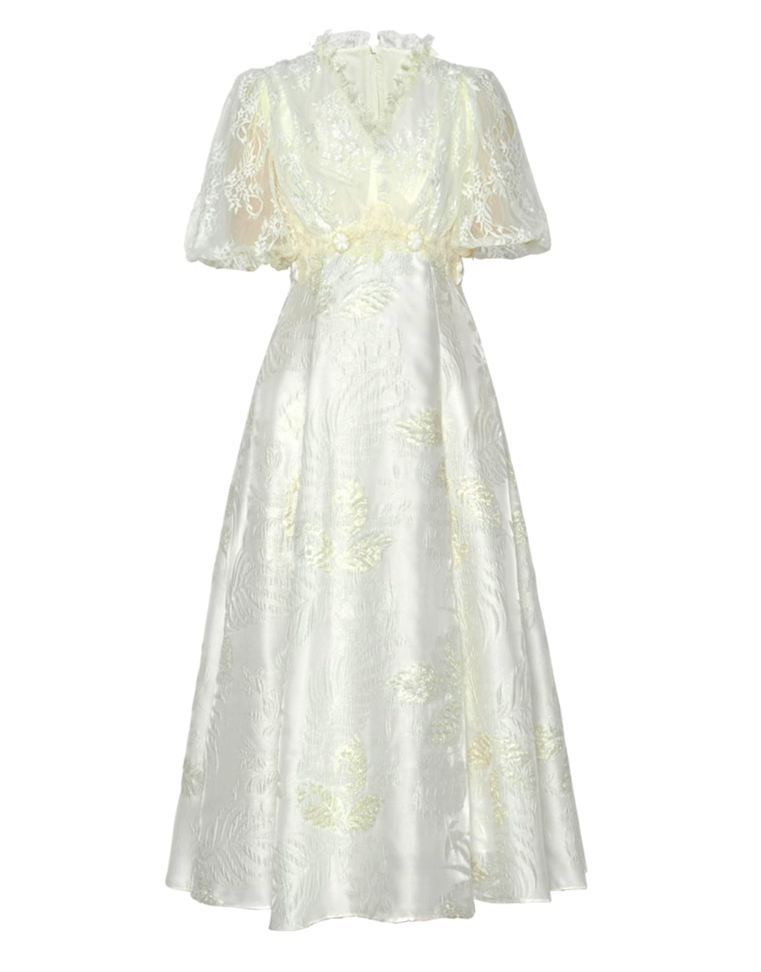 puff-sleeve midi dress with lace bodice and floral embroidery – ELARA