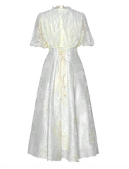 puff-sleeve midi dress with lace bodice and floral embroidery – ELARA