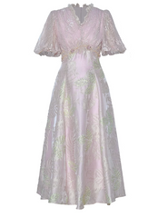 puff-sleeve midi dress with lace bodice and floral embroidery – ELARA