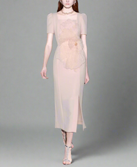 short-sleeve sheath dress with oversized organza floral appliqué – NOVYA