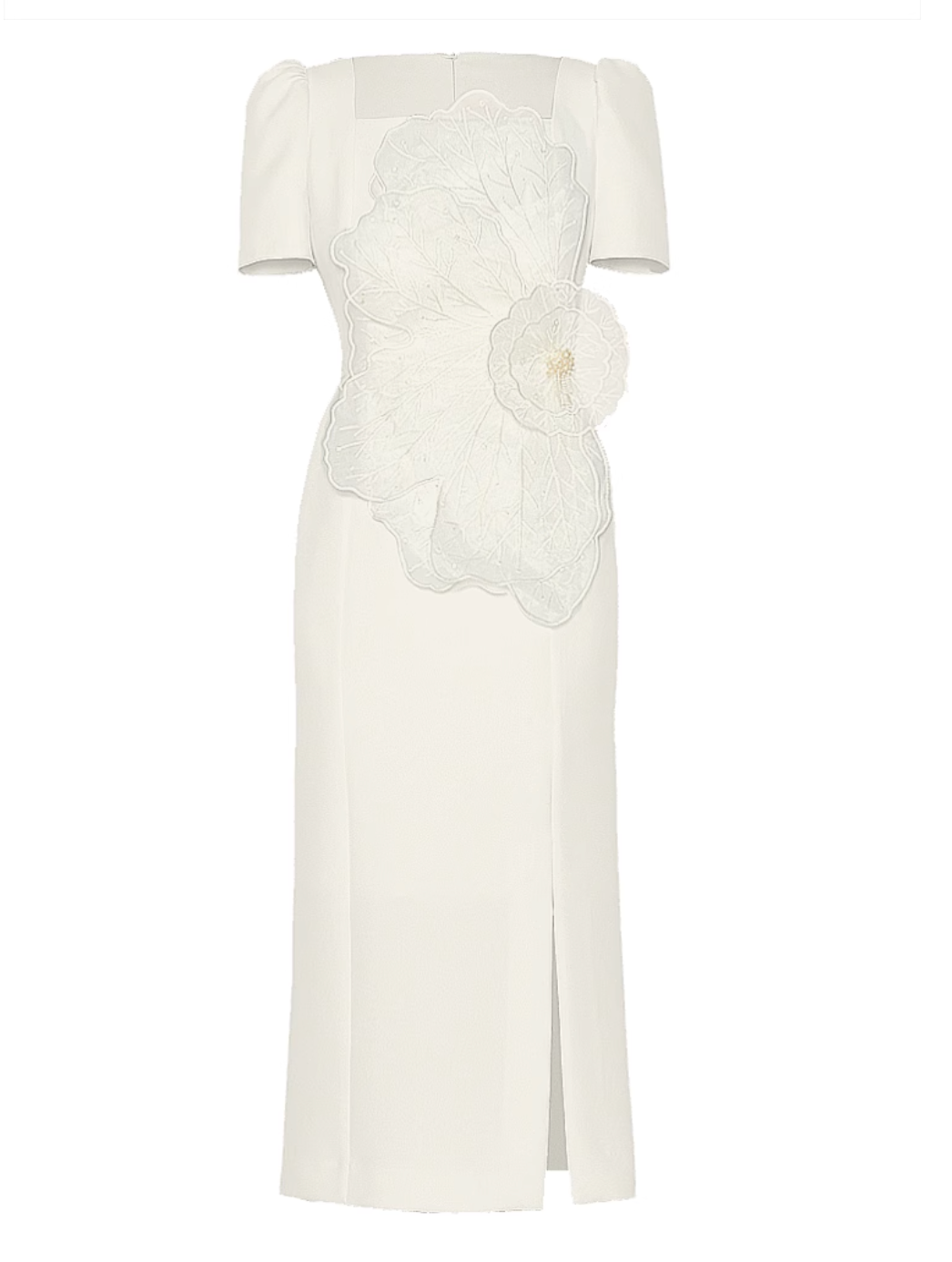 short-sleeve sheath dress with oversized organza floral appliqué – NOVYA
