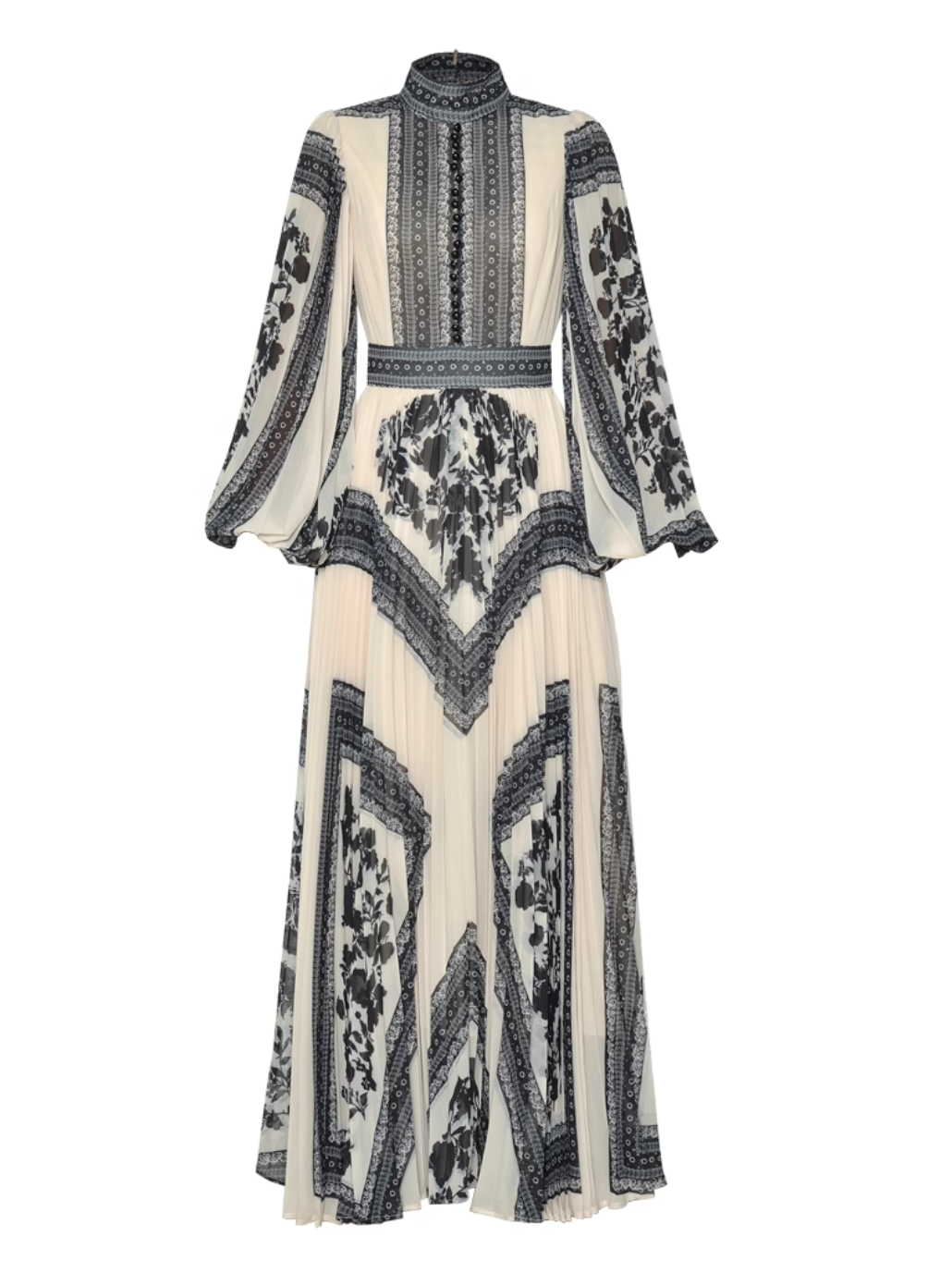 printed pleated gown with high neck and bishop sleeves – ISOLDE