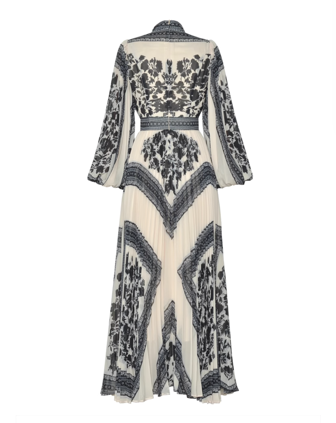printed pleated gown with high neck and bishop sleeves – ISOLDE