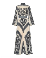 printed pleated gown with high neck and bishop sleeves – ISOLDE