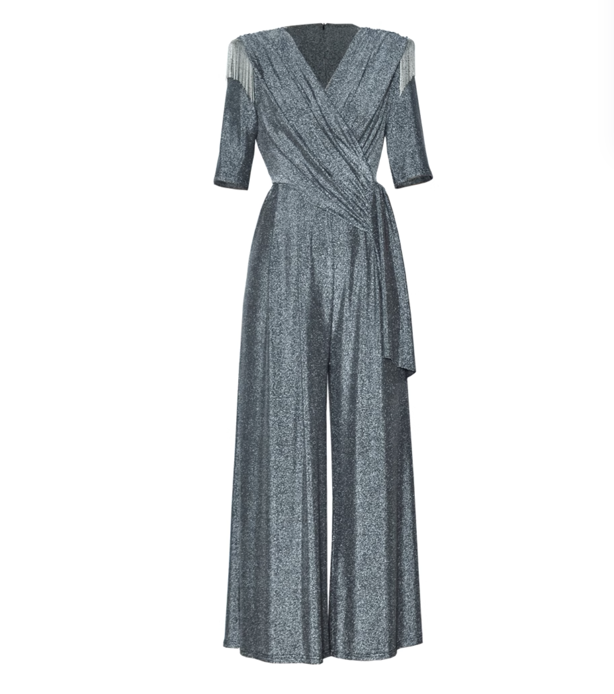 metallic wrap jumpsuit with fringe shoulders – STELLA