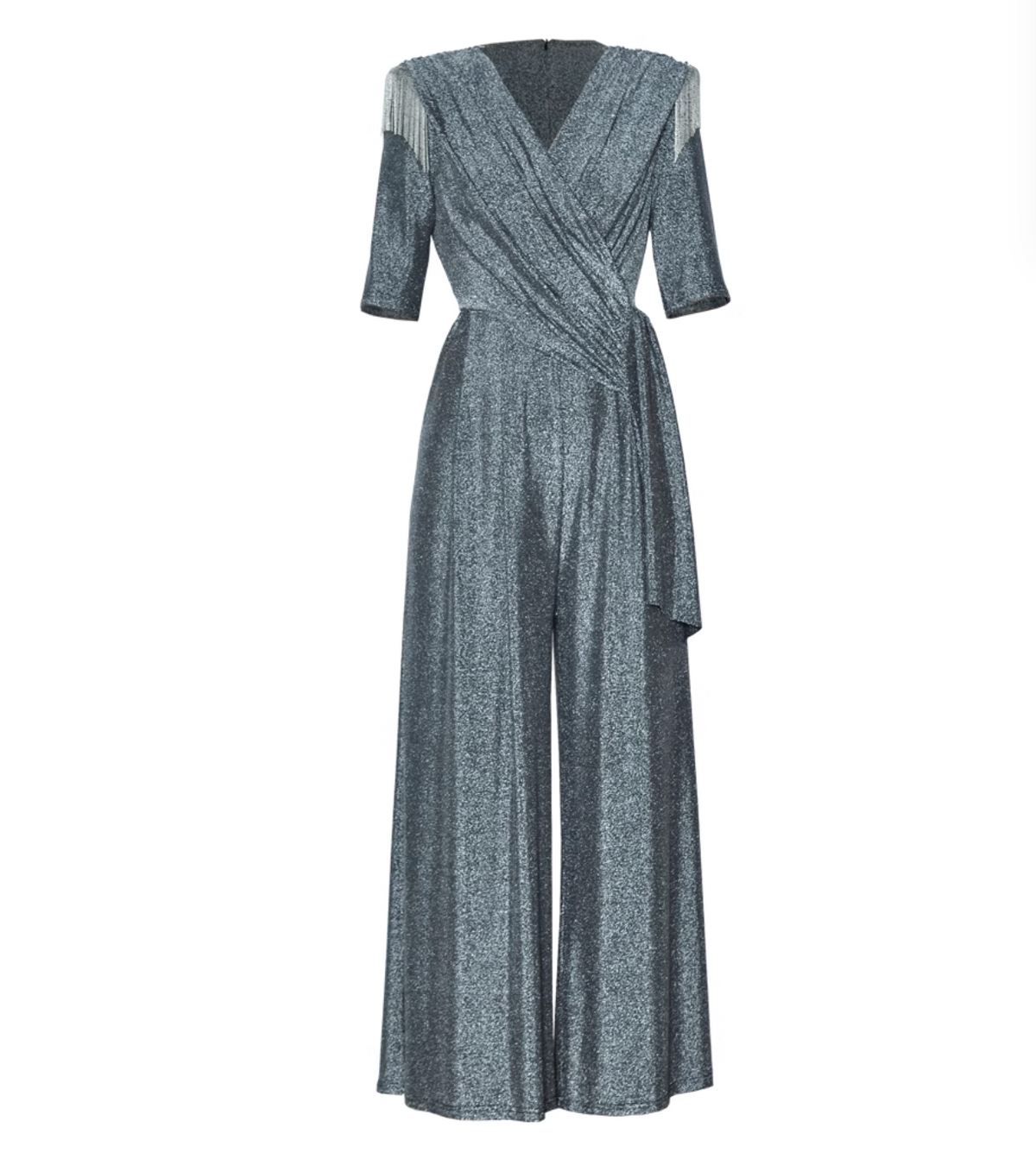 metallic wrap jumpsuit with fringe shoulders – STELLA