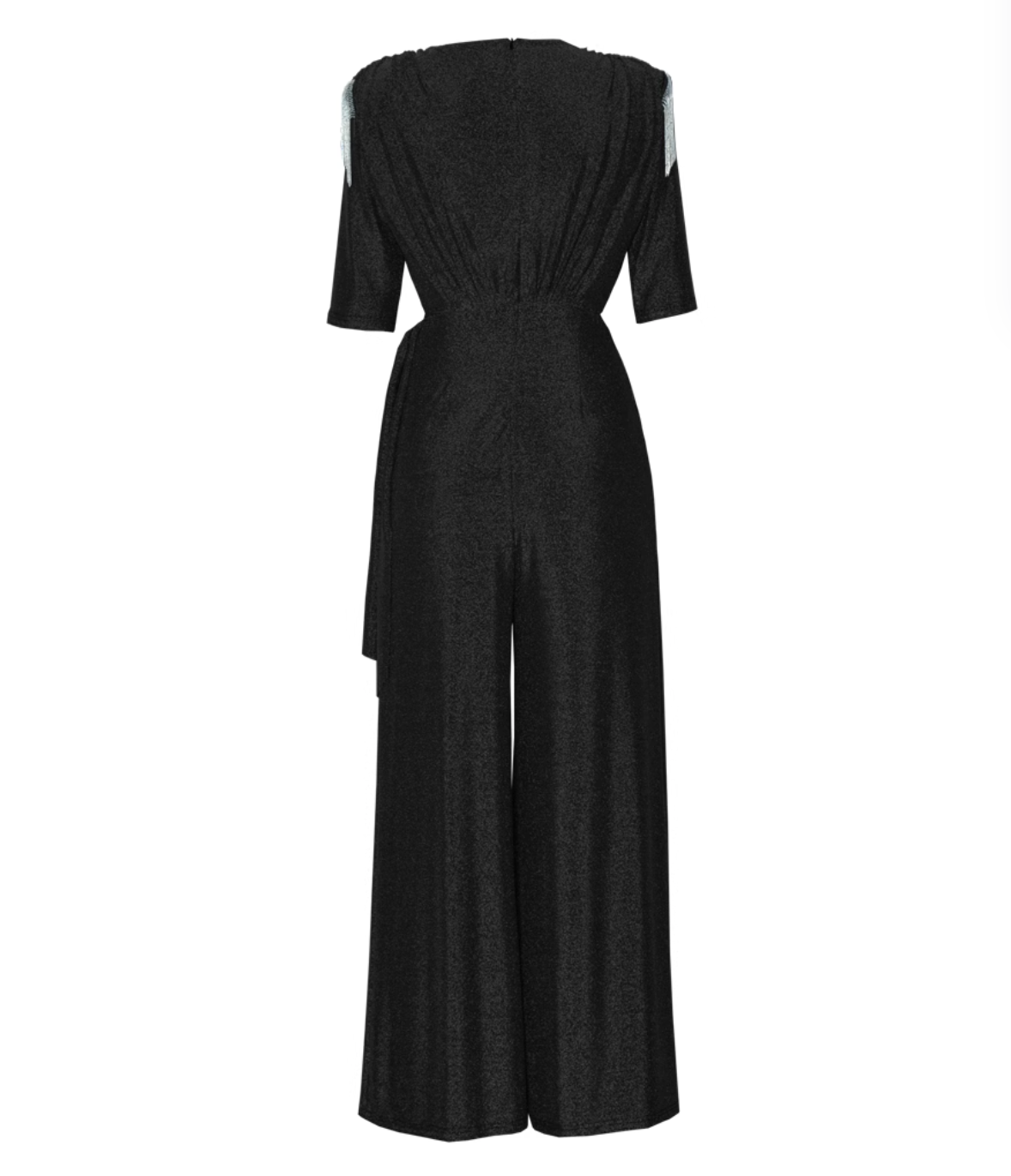 metallic wrap jumpsuit with fringe shoulders – STELLA