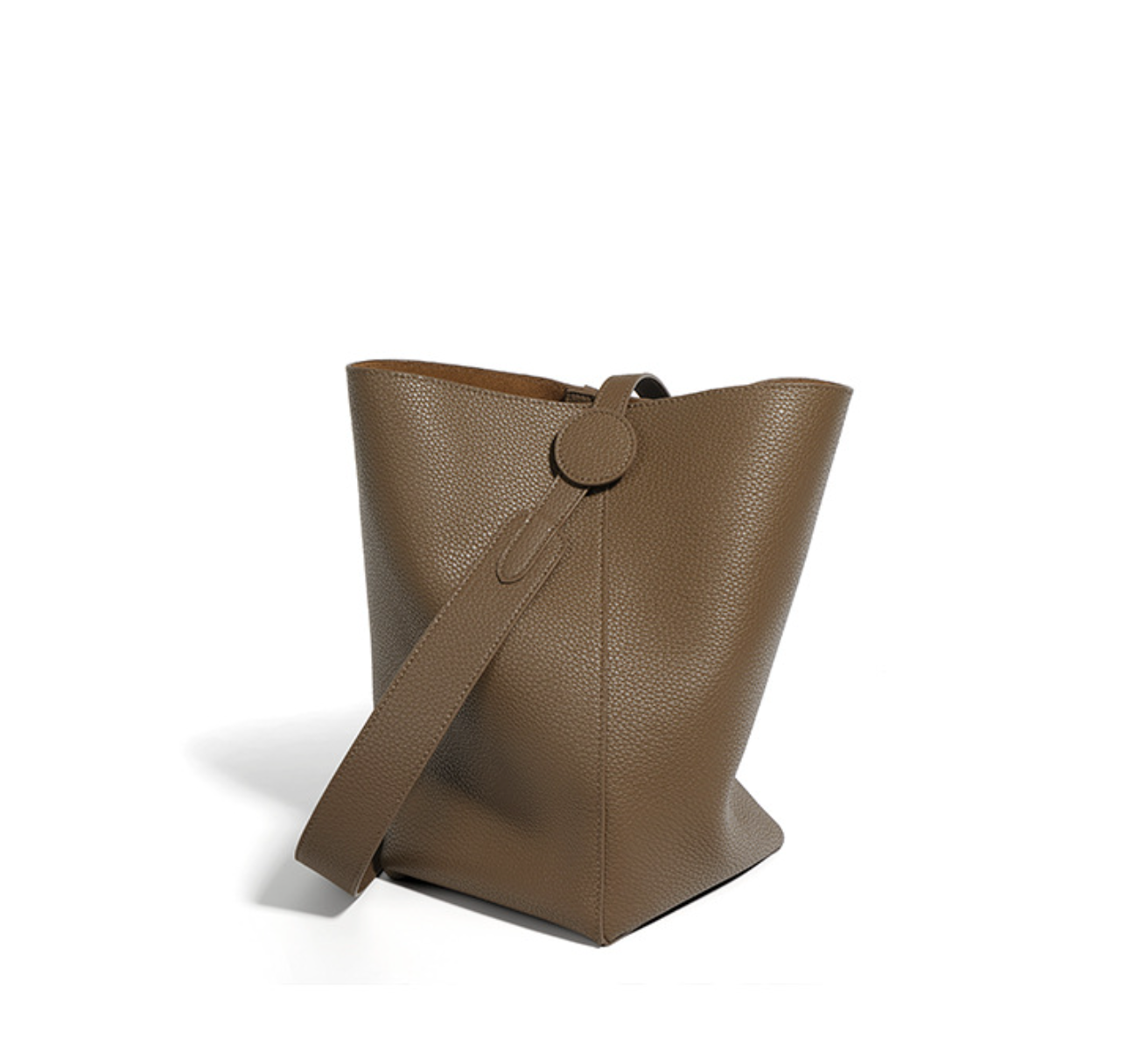 tall leather bucket bag with circular tab – OLIVE