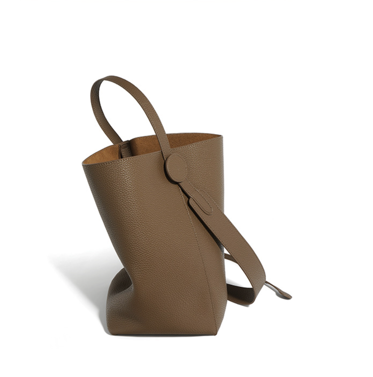 tall leather bucket bag with circular tab – OLIVE