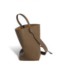 tall leather bucket bag with circular tab – OLIVE