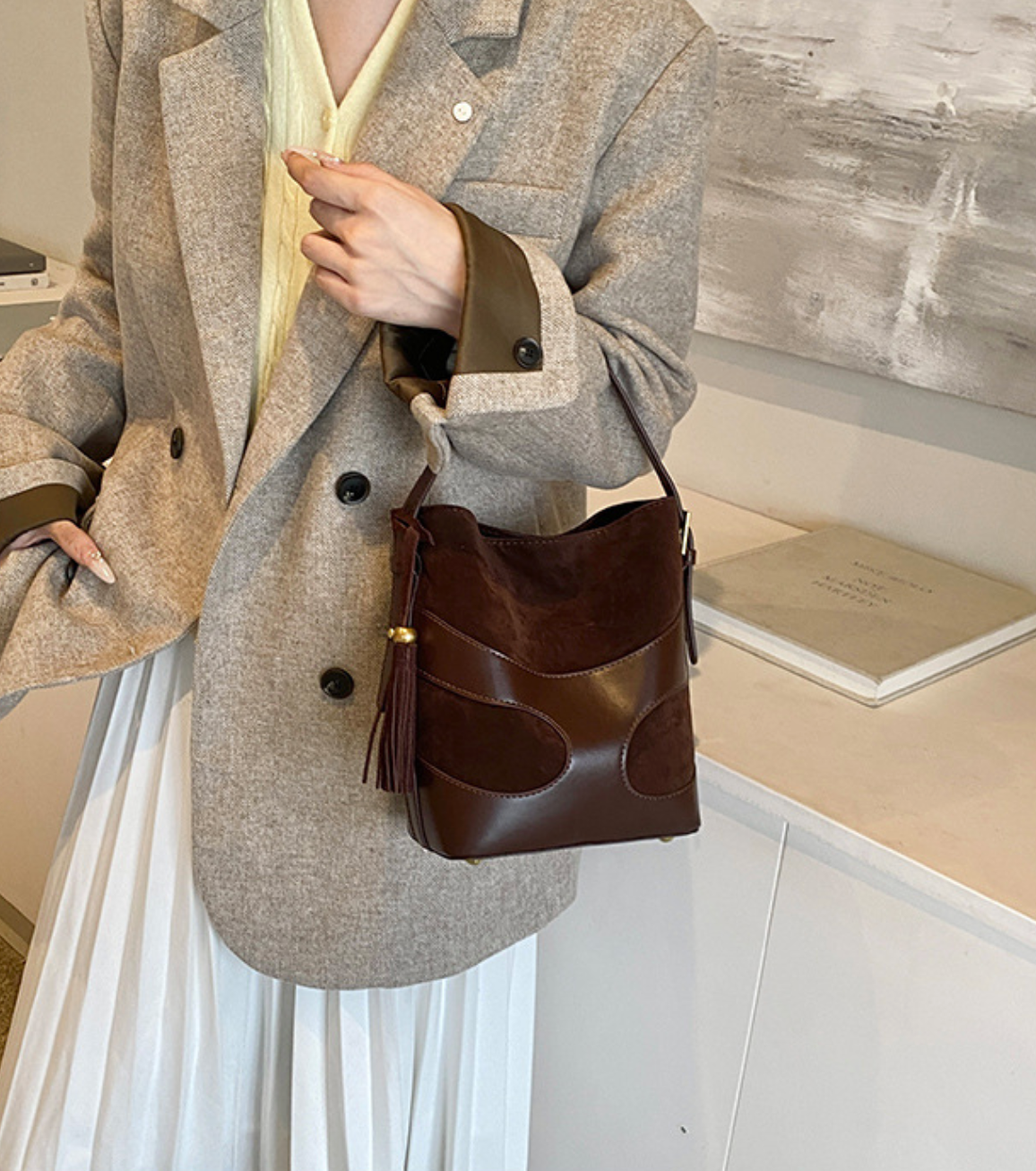 suede bucket bag with curved leather trim – RUBY