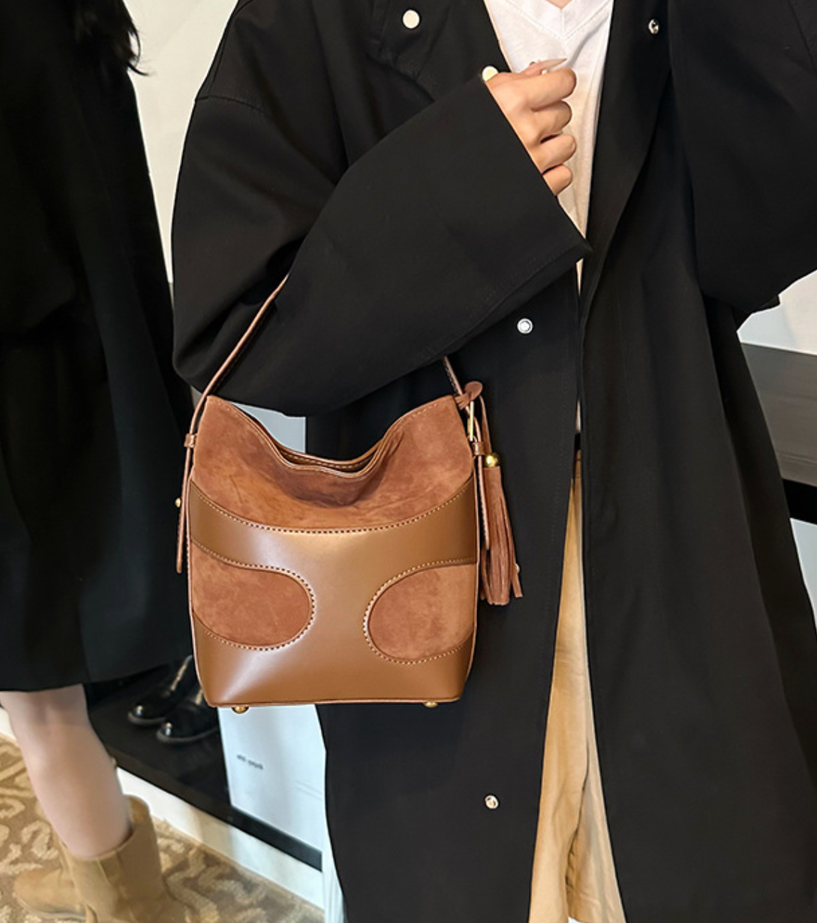 suede bucket bag with curved leather trim – RUBY
