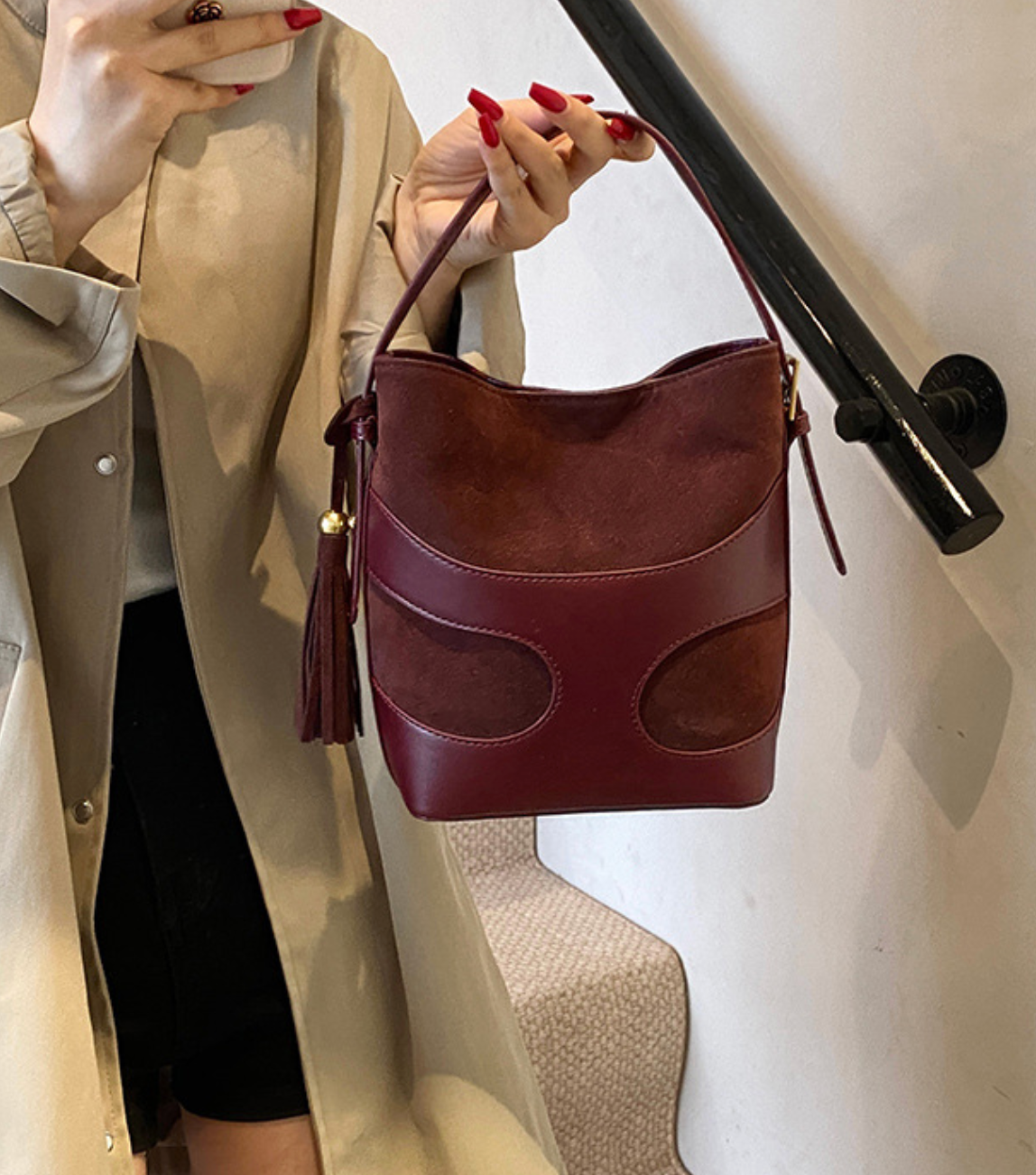 suede bucket bag with curved leather trim – RUBY
