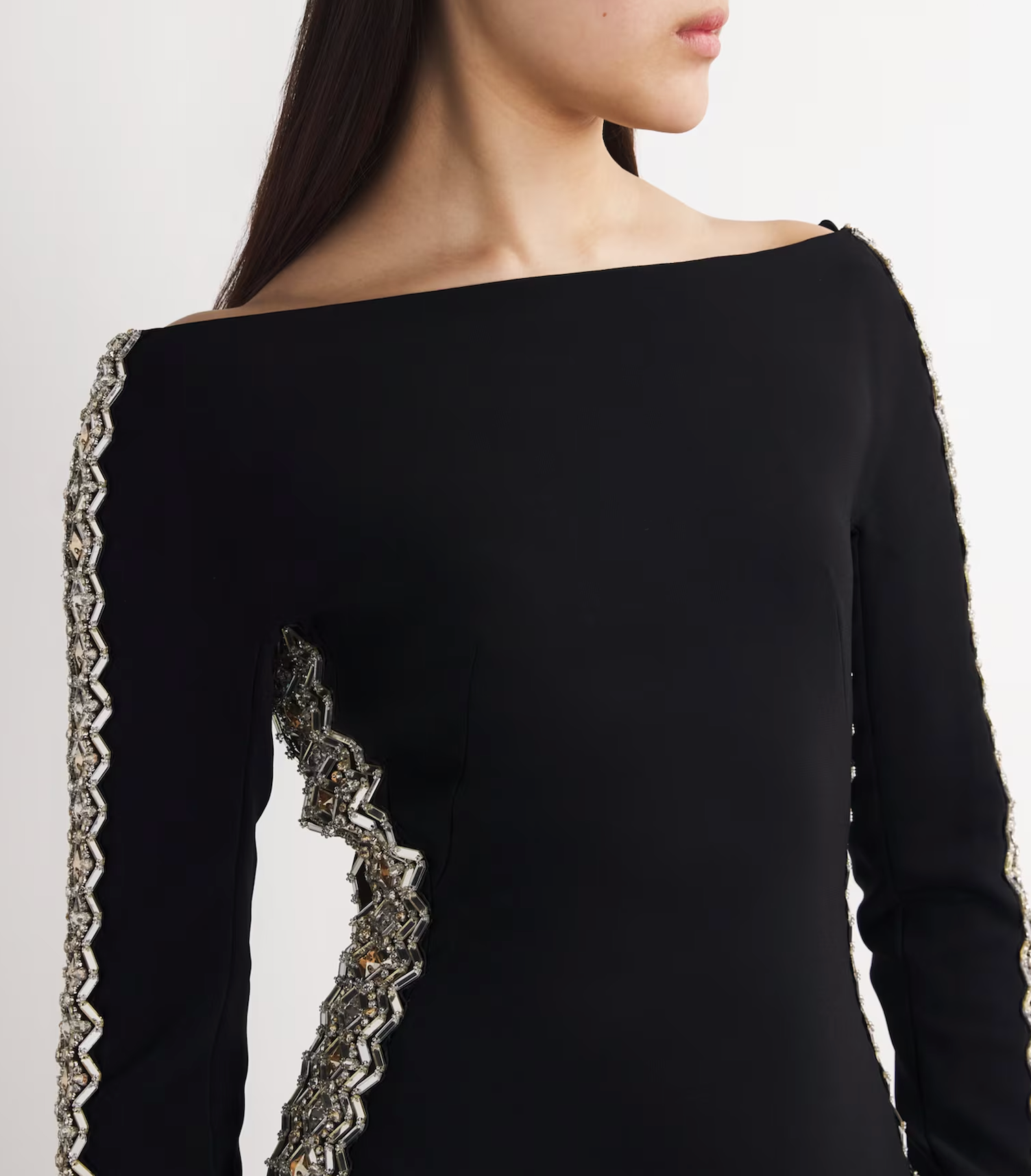 long-sleeve column gown with crystal side embellishments – NOVK