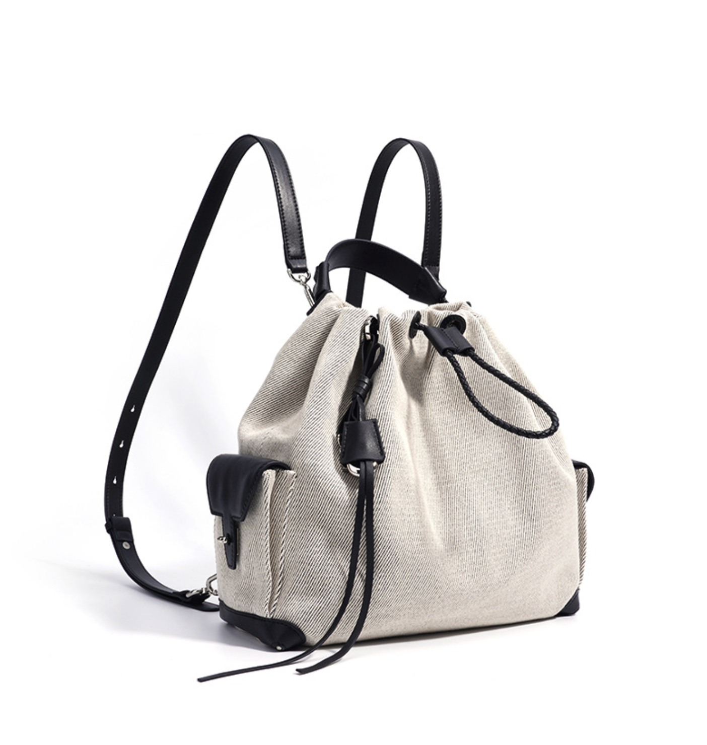striped canvas drawstring bucket bag with leather trims – NOIIR