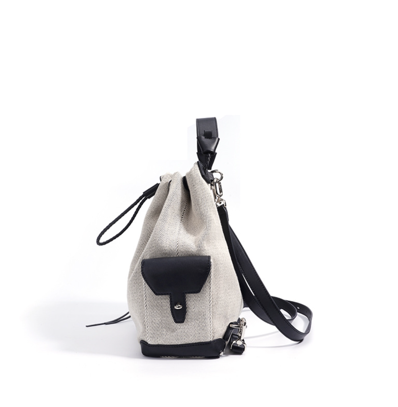 striped canvas drawstring bucket bag with leather trims – NOIIR