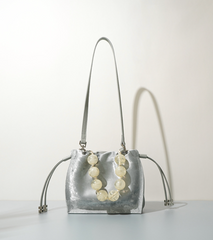metallic drawstring shoulder bag with pearl handle – OLIVE