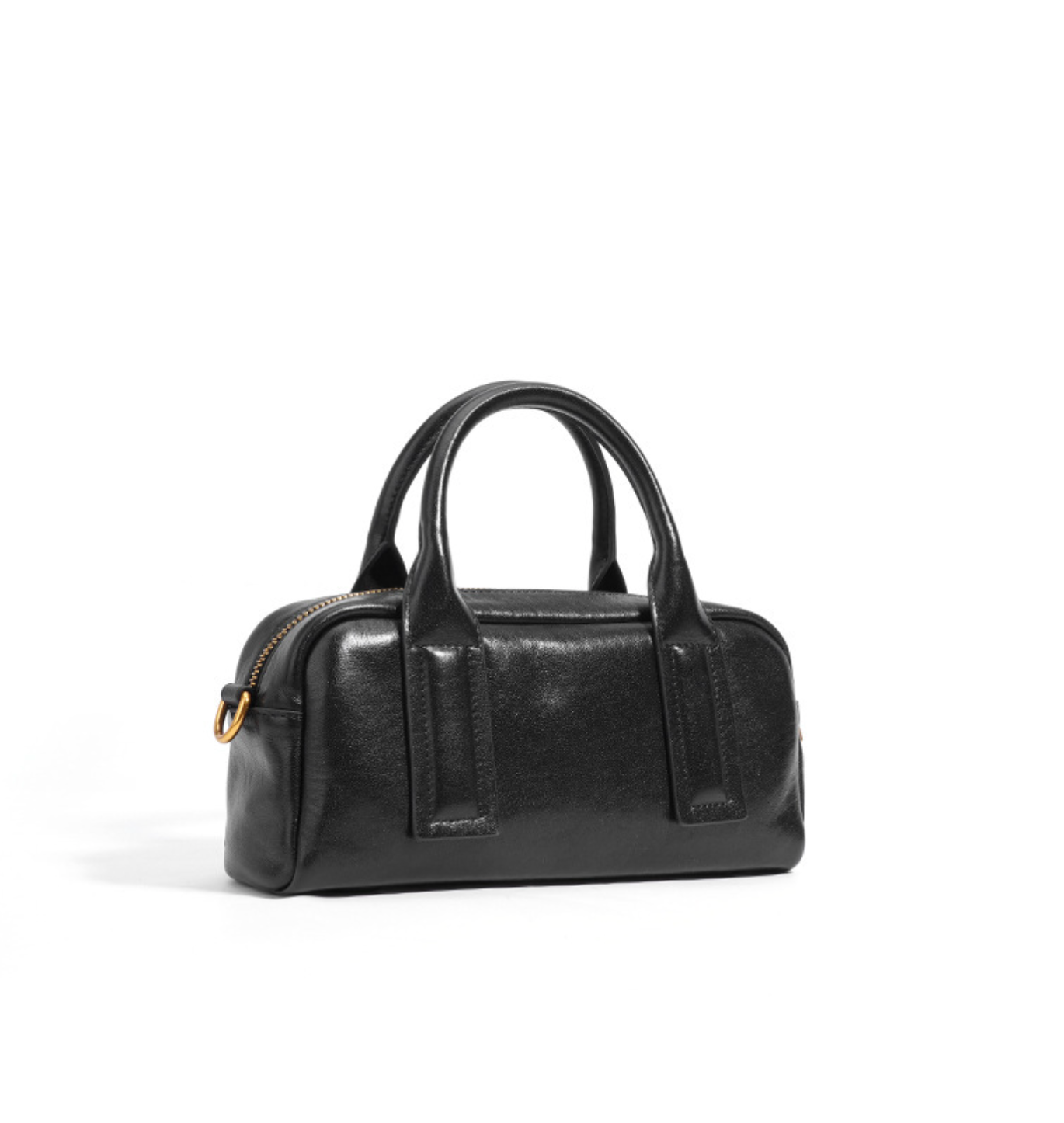 structured mini barrel bag in polished black – VERN