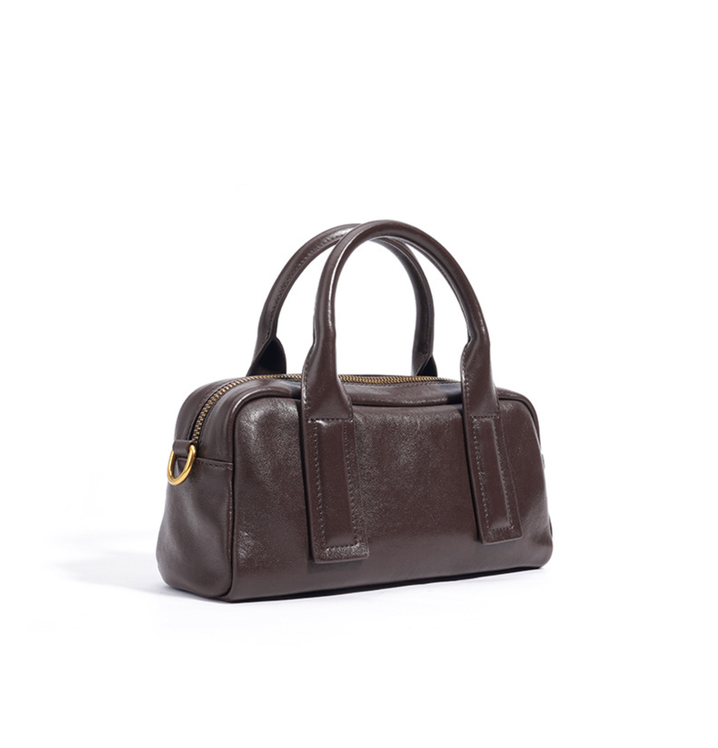 structured mini barrel bag in polished black – VERN