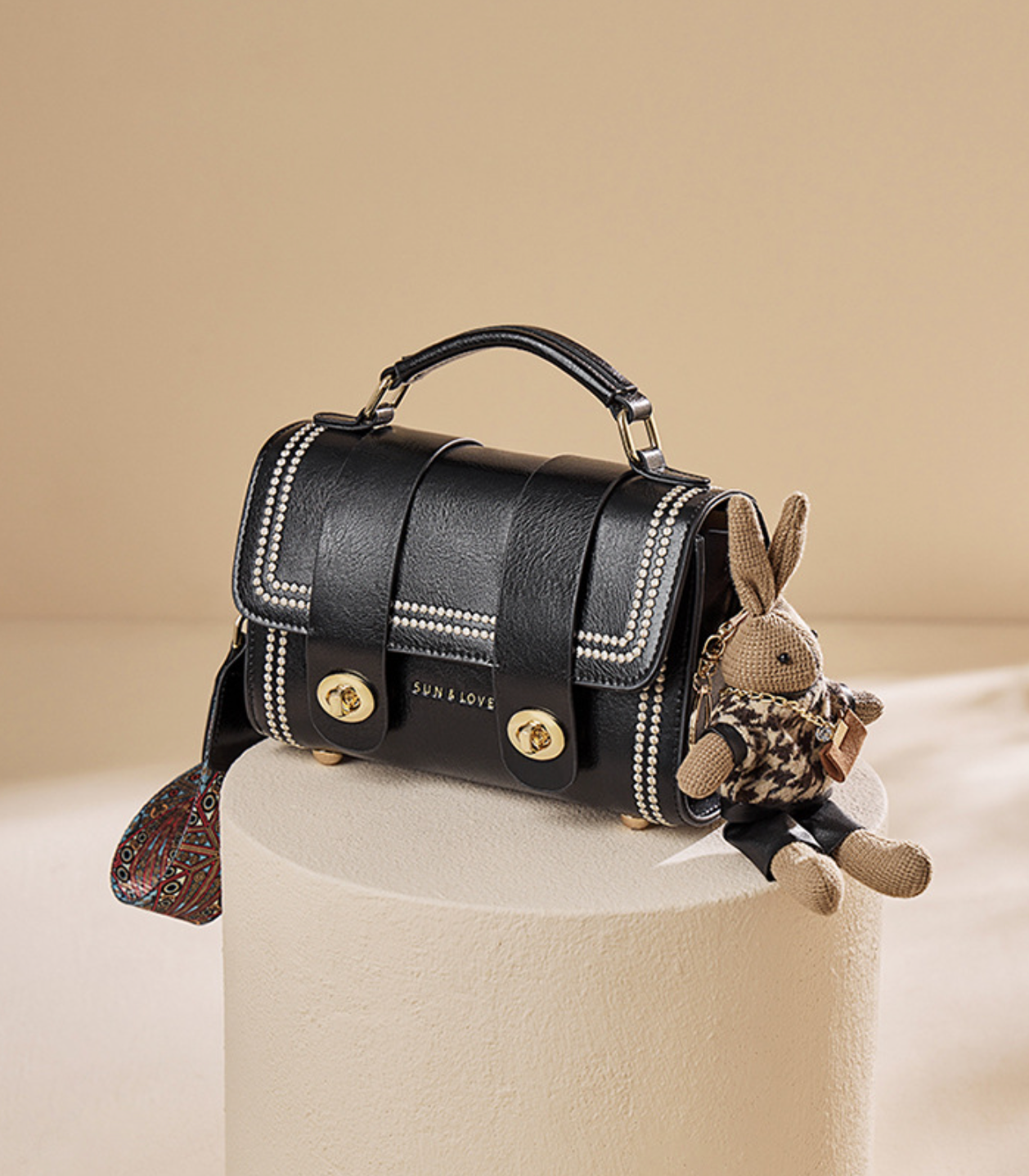 pearl-trim leather satchel with double clasp & bunny charm – COCOA