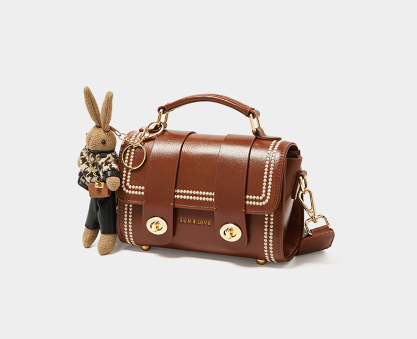 pearl-trim leather satchel with double clasp & bunny charm – COCOA