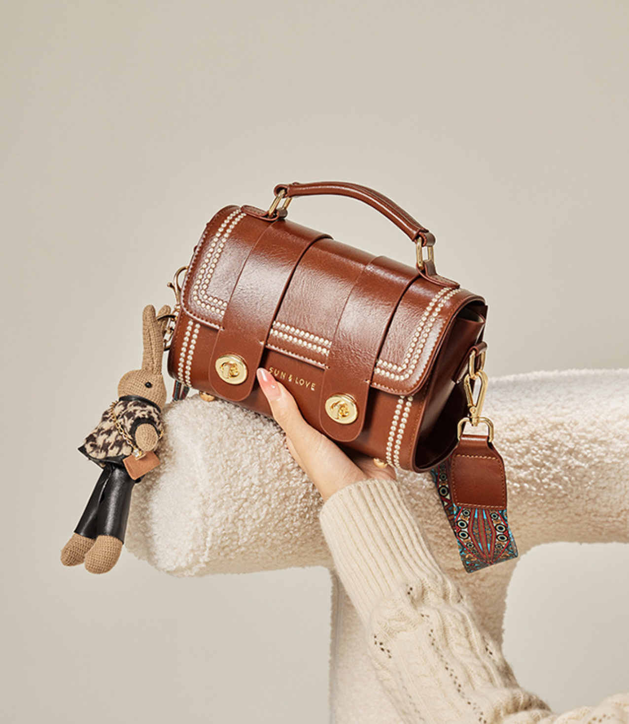 pearl-trim leather satchel with double clasp & bunny charm – COCOA