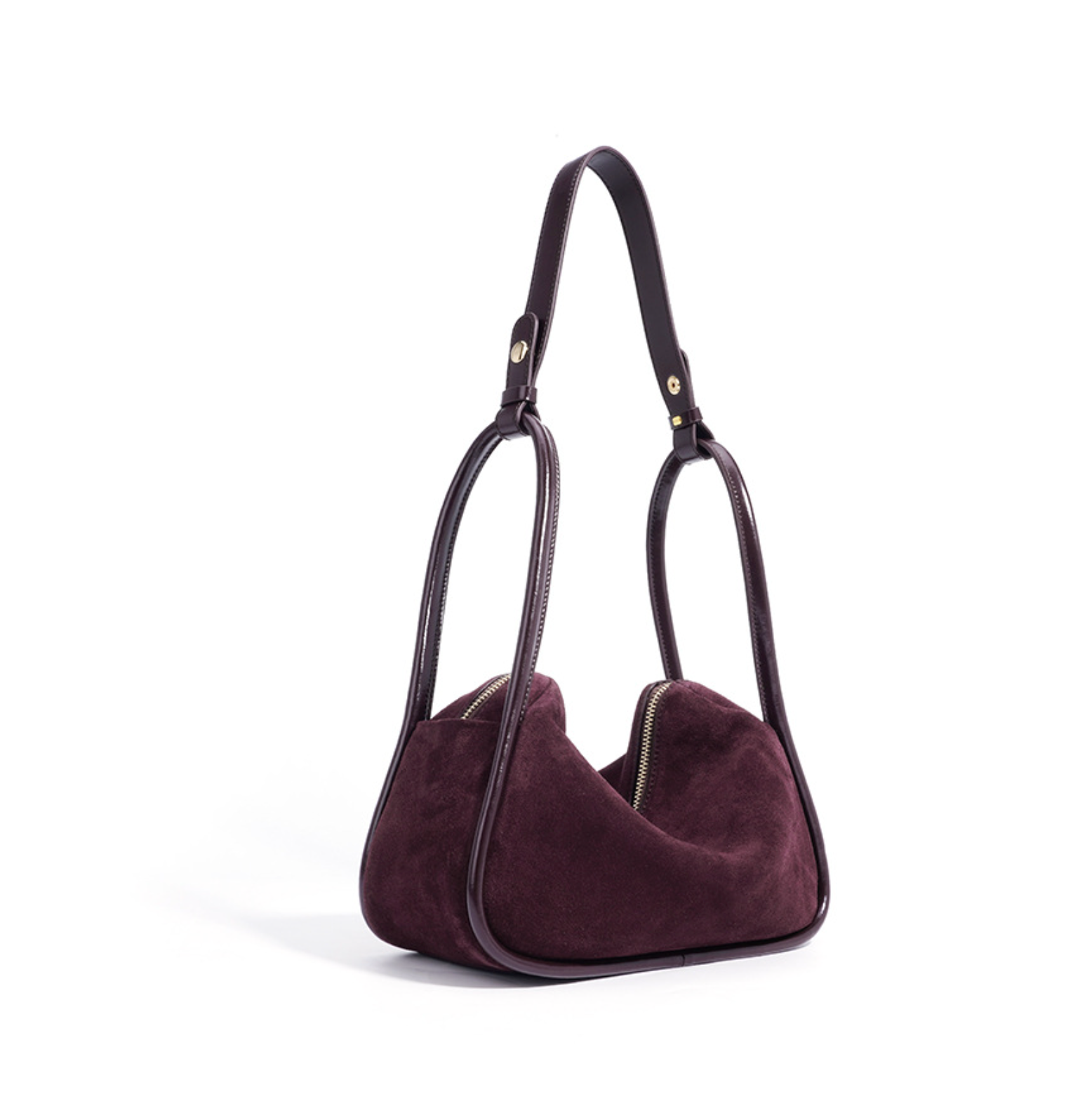 curved suede shoulder bag with gold twist lock – VIOLETTE