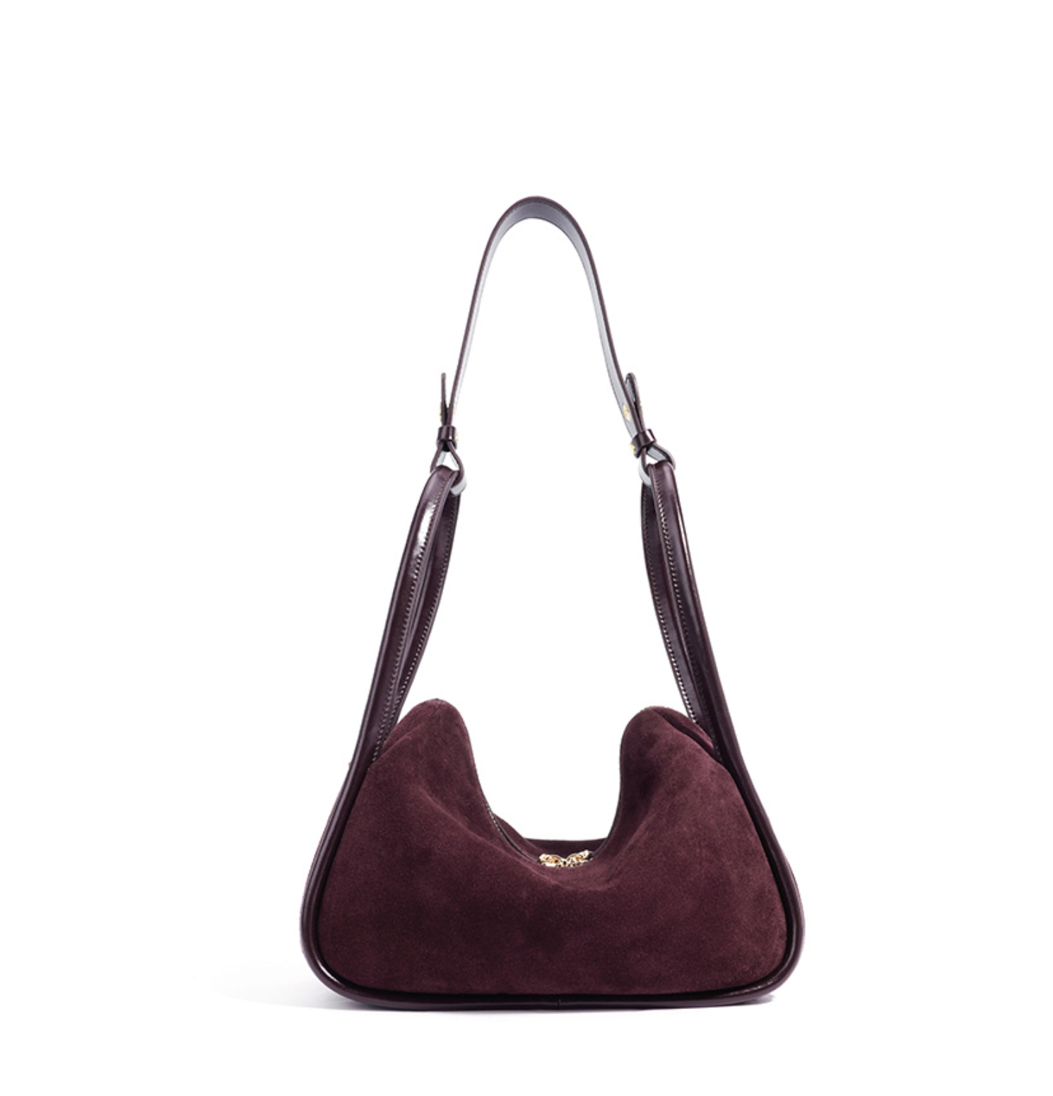 curved suede shoulder bag with gold twist lock – VIOLETTE