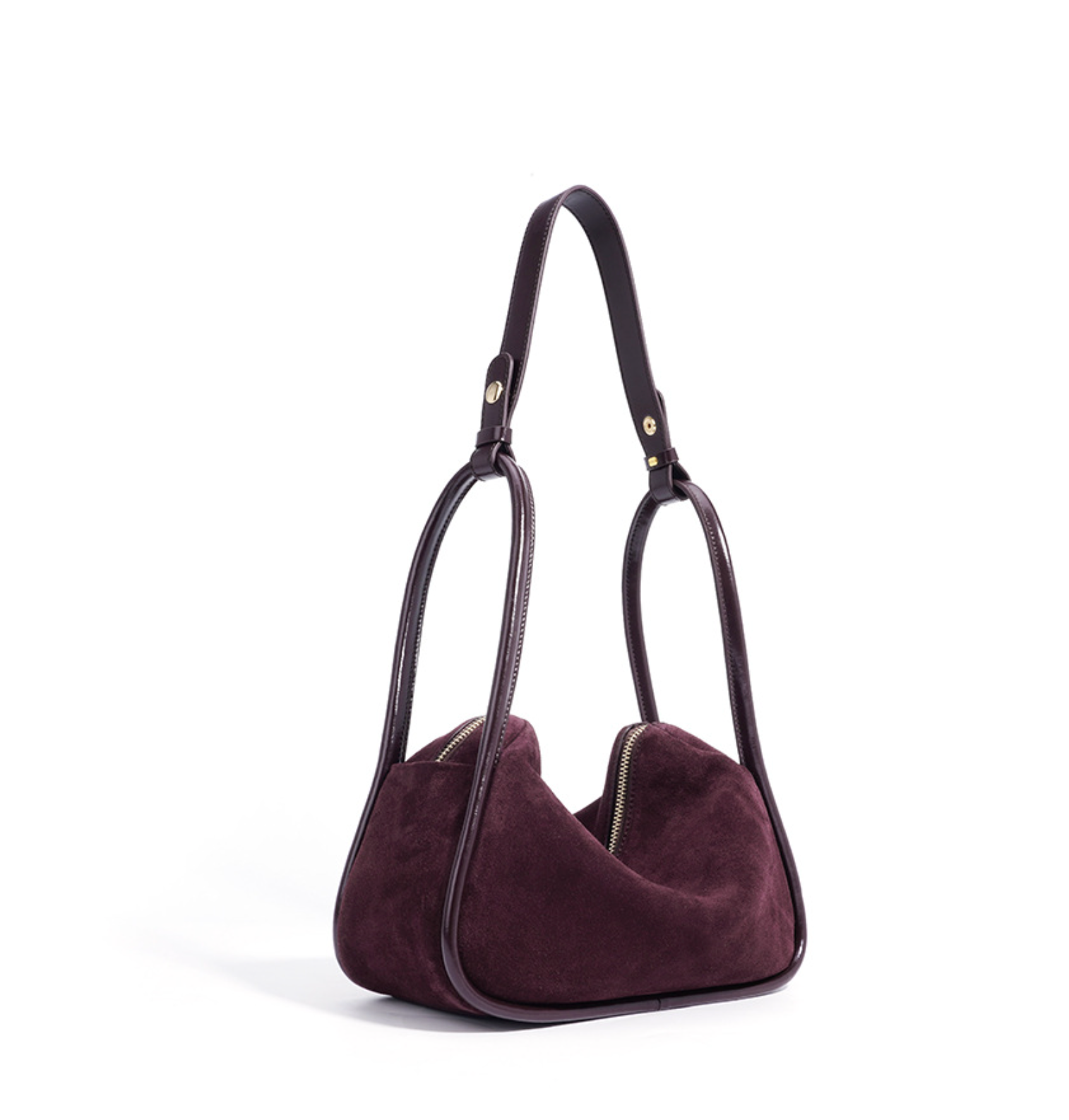 curved suede shoulder bag with gold twist lock – VIOLETTE