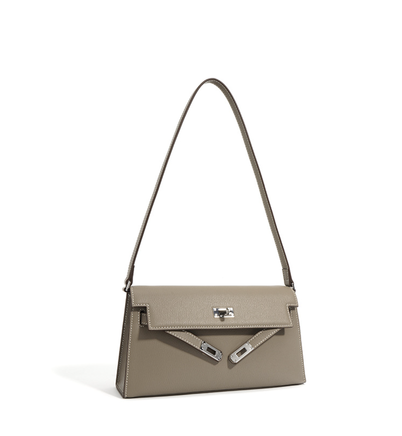 slim trapeze shoulder bag with buckle flap – STONE