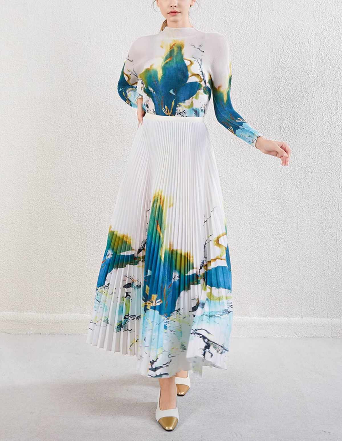 pleated midi skirt with watercolor floral print – SERENL