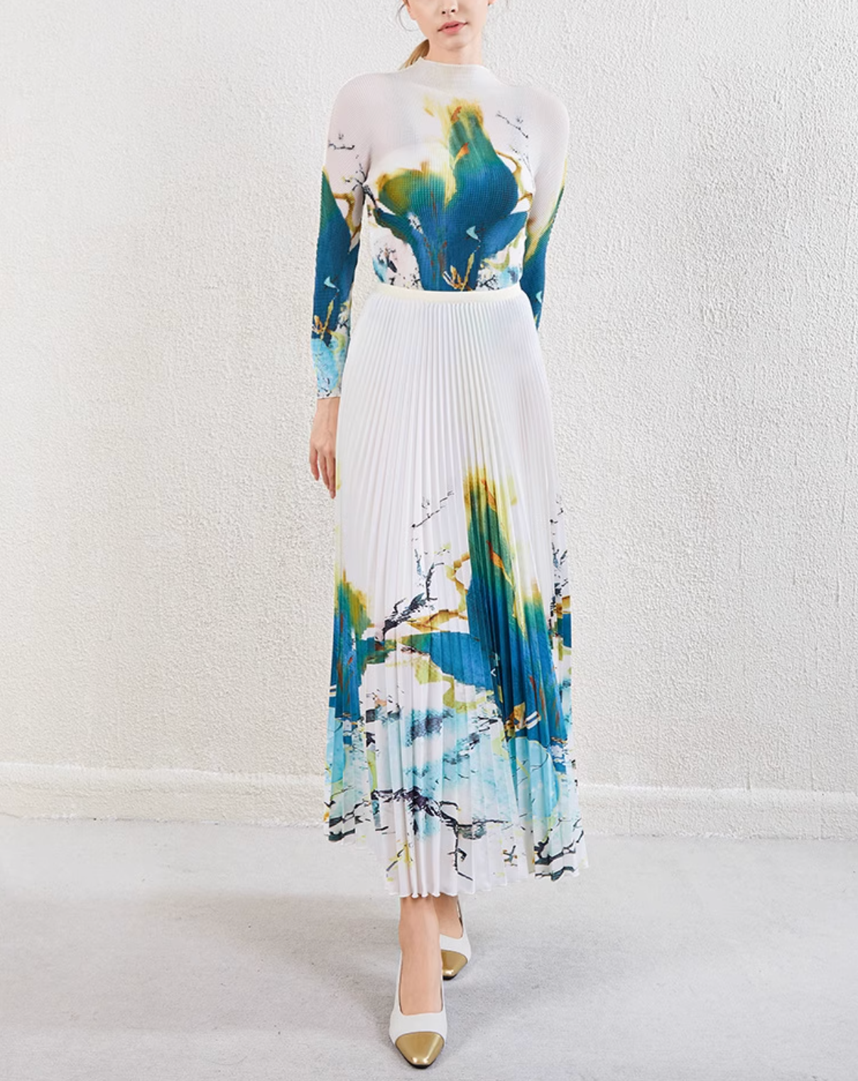 pleated midi skirt with watercolor floral print – SERENL