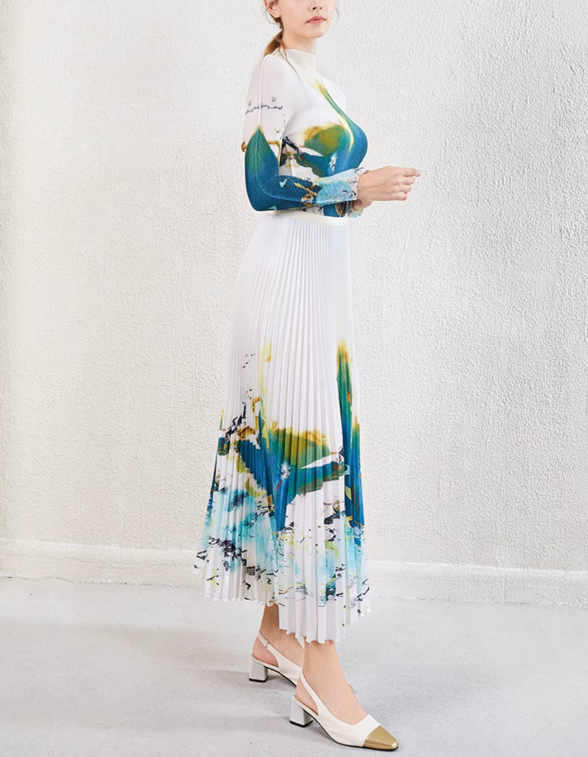 pleated midi skirt with watercolor floral print – SERENL