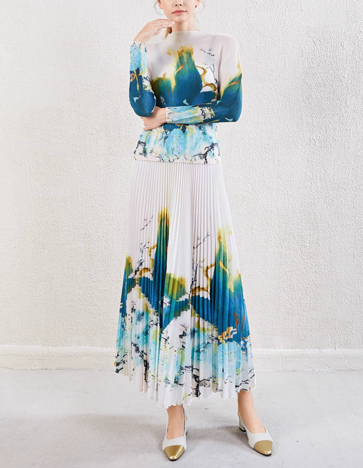 pleated midi skirt with watercolor floral print – SERENL