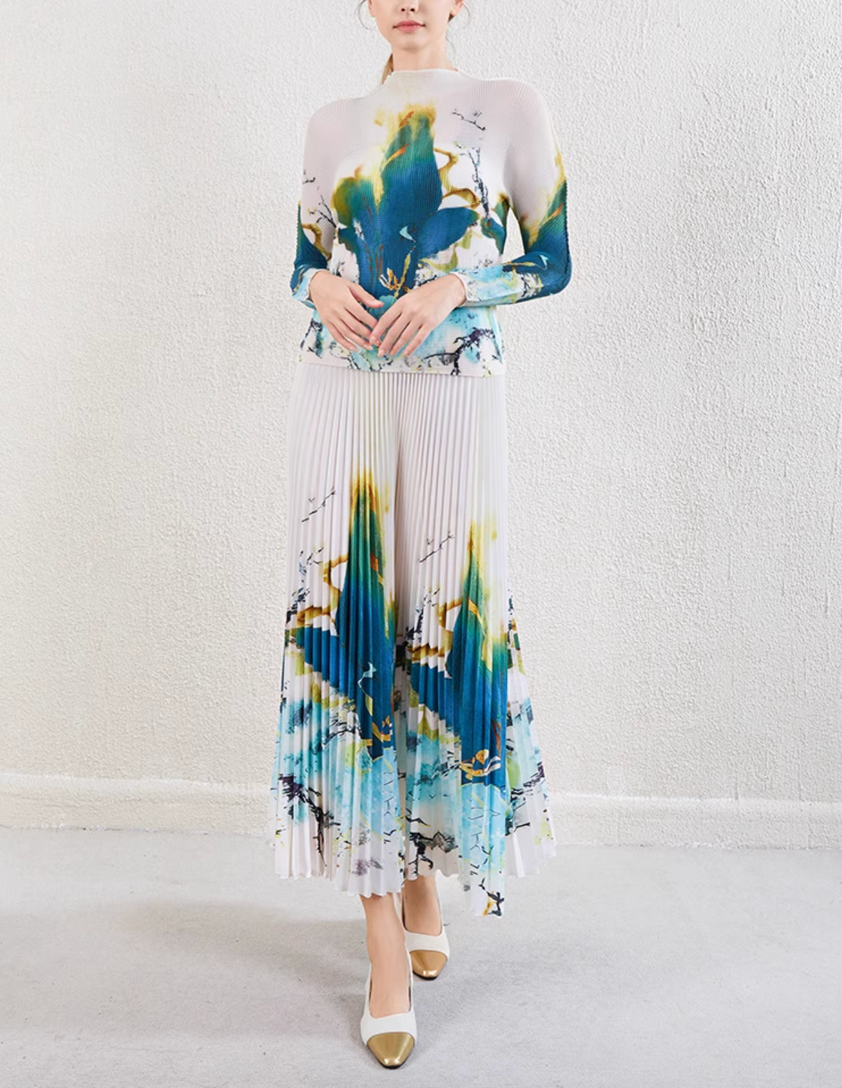 pleated midi skirt with watercolor floral print – SERENL