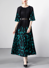 pleated midi dress with teal abstract print – ZENYA