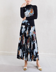 pleated midi dress with porcelain floral motif – LILITH