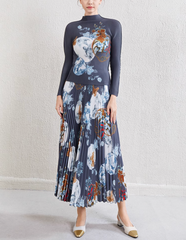pleated midi dress with porcelain floral motif – LILITH
